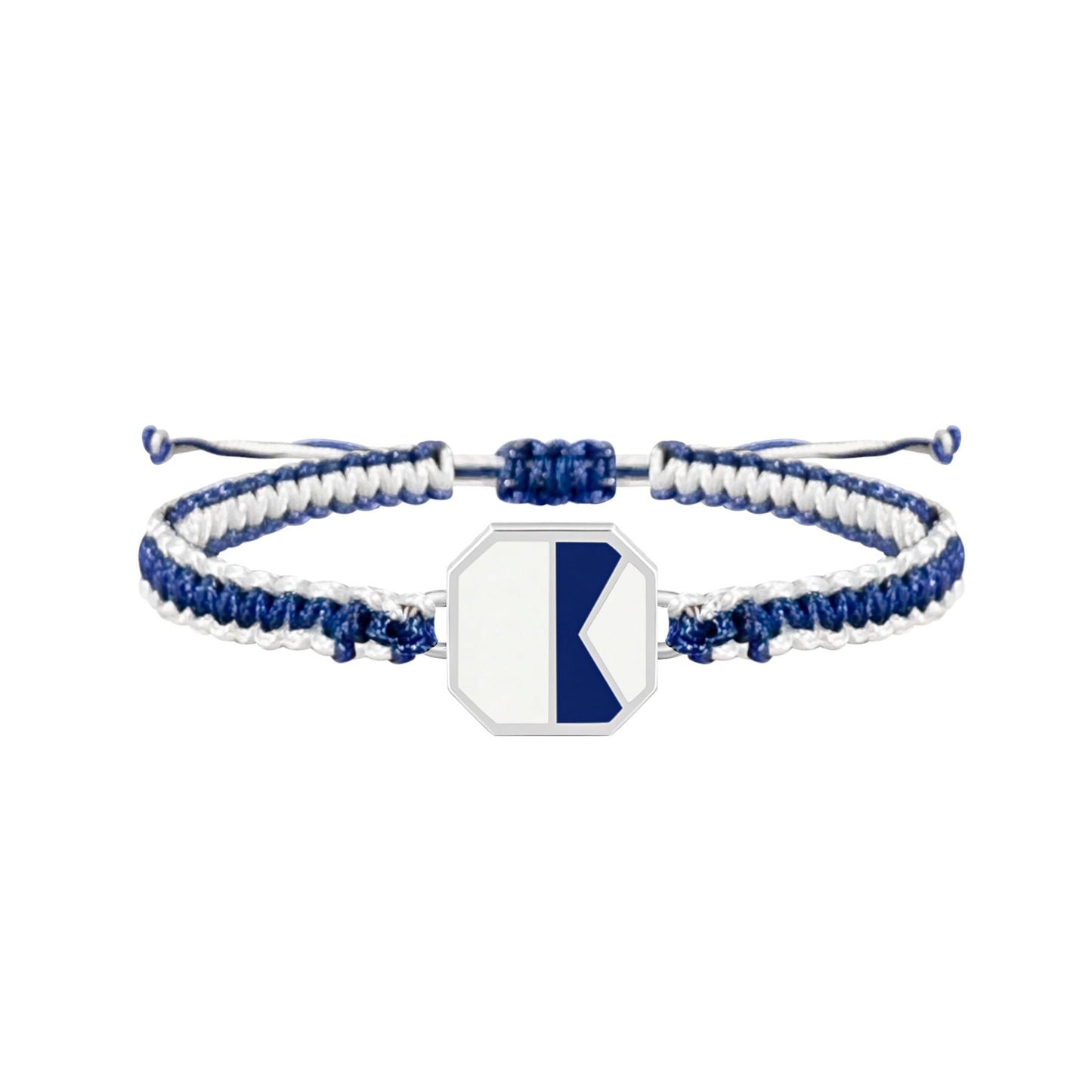 Navy and white braided bracelet with a fine metal charm